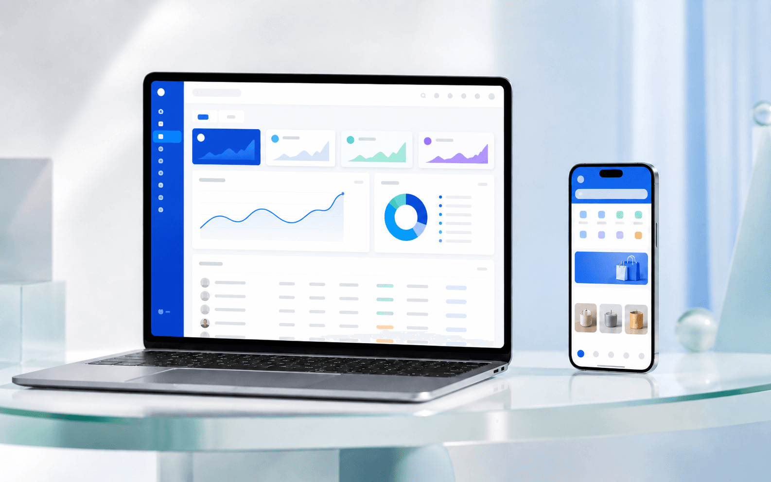 Dashboard quản trị doanh nghiệp trên laptop và ứng dụng trên điện thoại